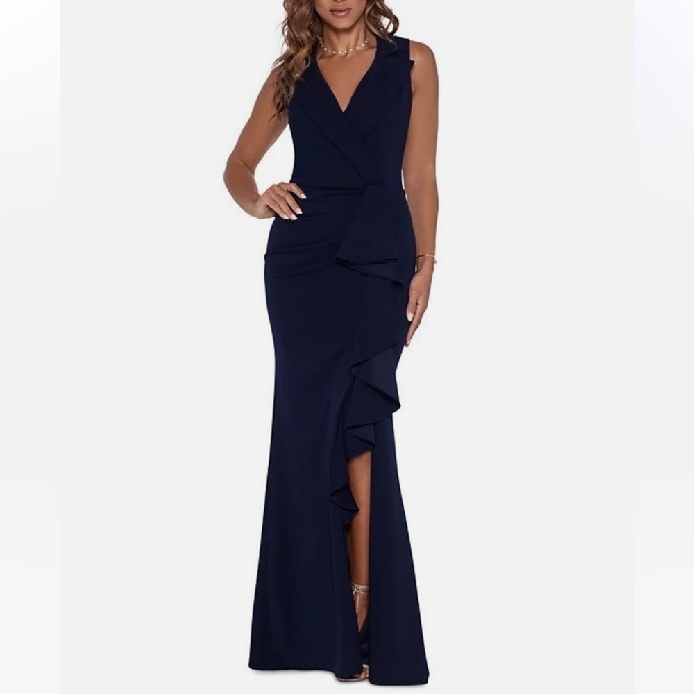 Betsy & Adam Navy Ruffled V Neck Tuxedo Collar Sleeveless Gown With Slit Reemoly